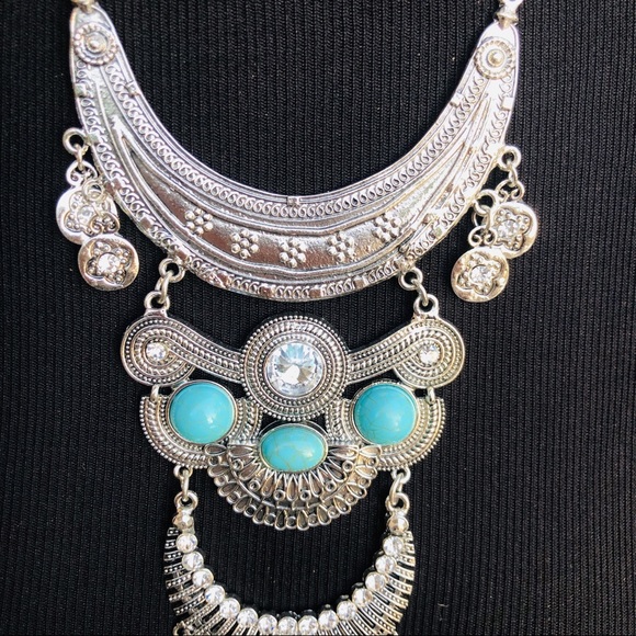 Boho Silver & Turquoise Tassel Choker Necklace - Picture 7 of 7